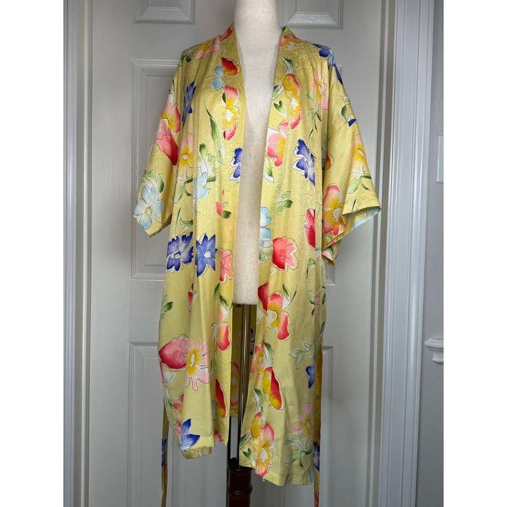 August Silk Intimates Yellow Floral 100% Silk Kimono Robe Size M Jacquard Print